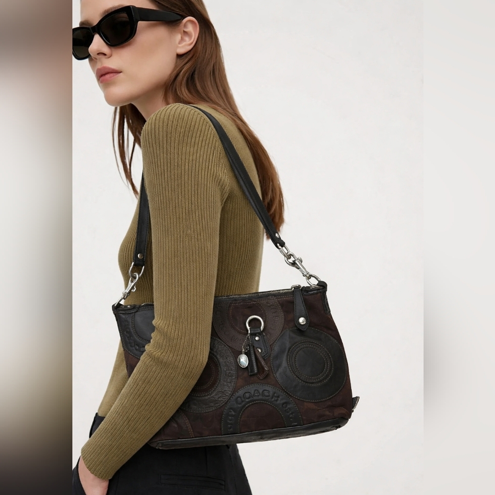 Coach Optic Black Brown Leather Shouder Bag Purse - Picture 16 of 16